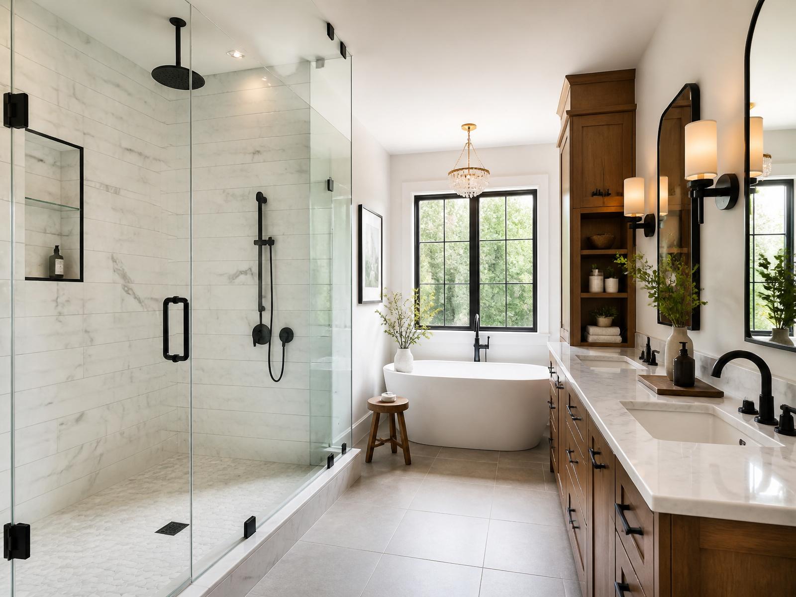 Completed master bathroom remodel with tiled walk-in shower and freestanding tub