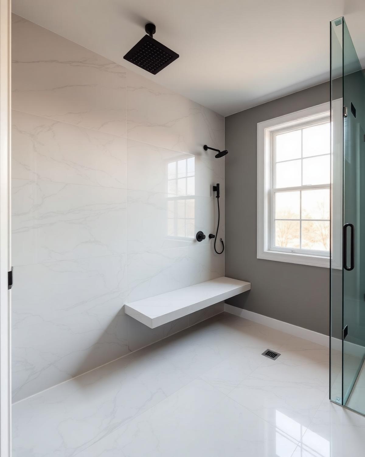 Walk-in shower with bench and marble tile